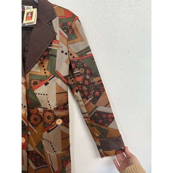 NWT OOAK Handmade Vintage Brown Orange Geometric Print Blazer Coat - Small - Picture 8 of 12